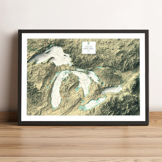 Great Lakes vintage framed shaded relief map in black frame. Artistic print highlighting mountains with a realistic terrain effect