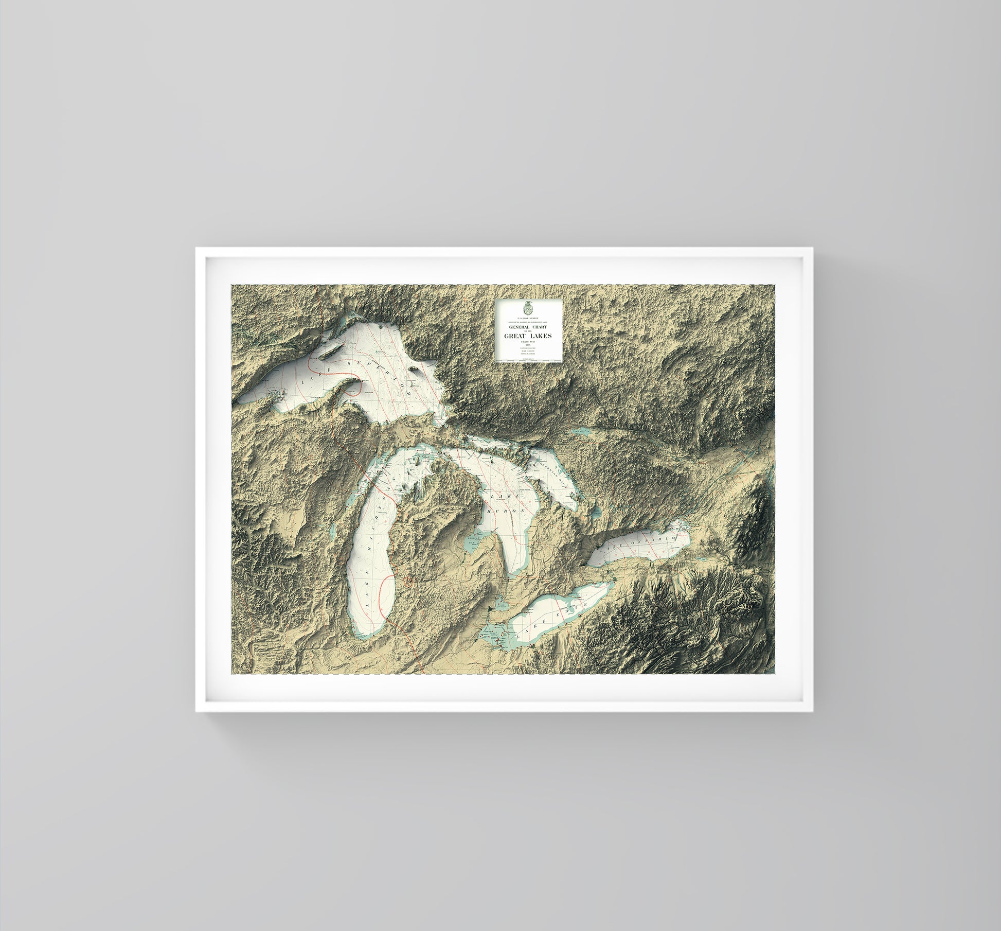 Great Lakes vintage framed shaded relief map in white frame. Artistic print highlighting mountains with a realistic 3d effect