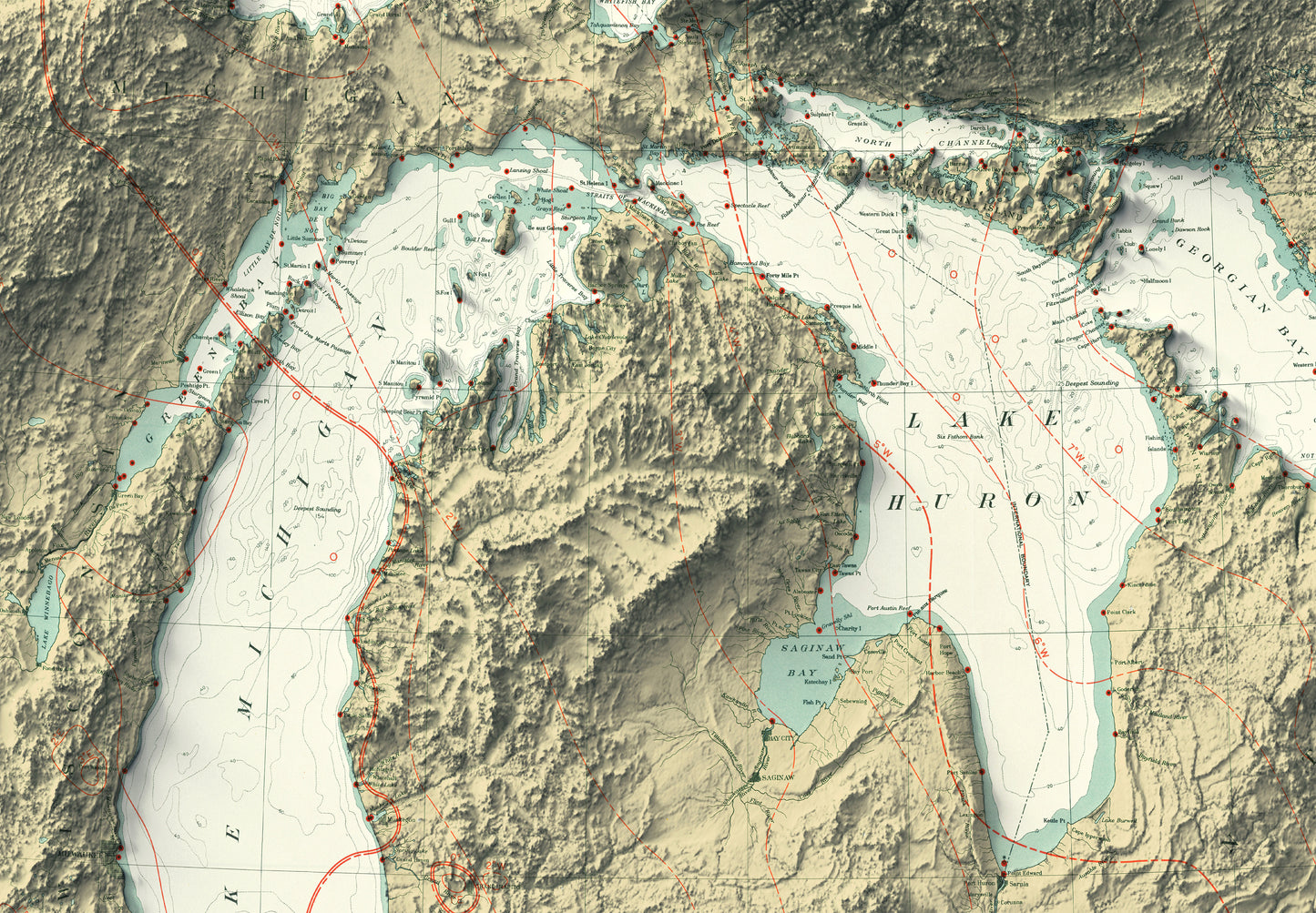 Detailed close-up of a vintage Great Lakes relief map, showcasing textured topography and geographic contours