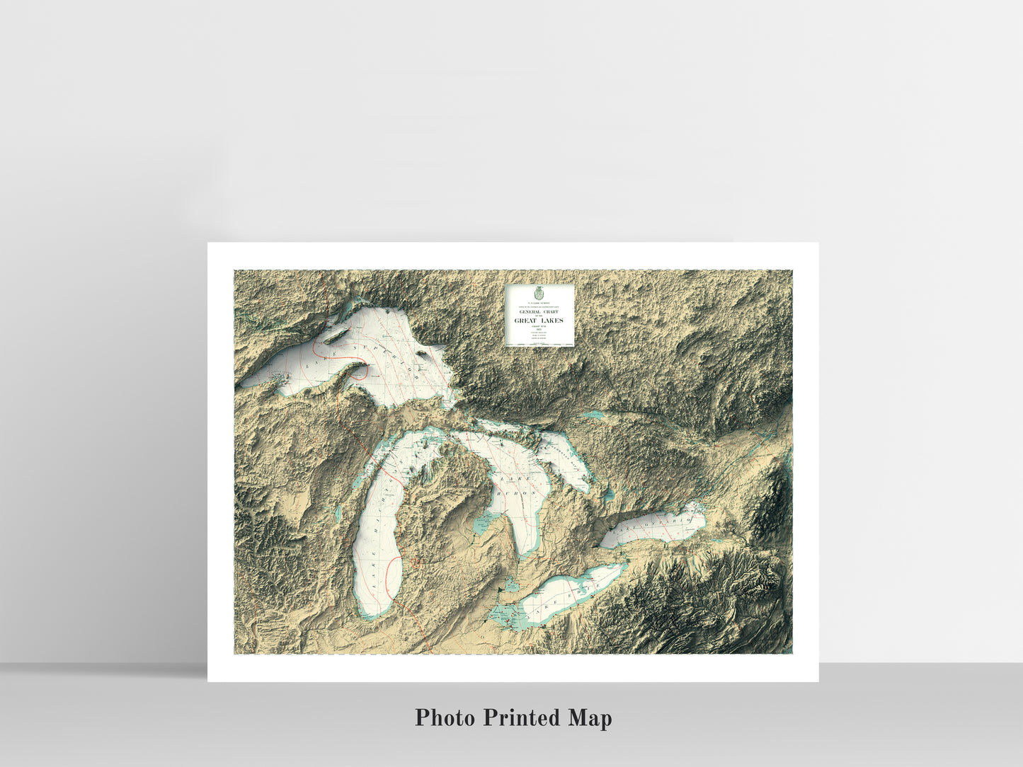 Great Lakes Shaded relief map print, highlighting topography. Ideal for home decor and geography lovers