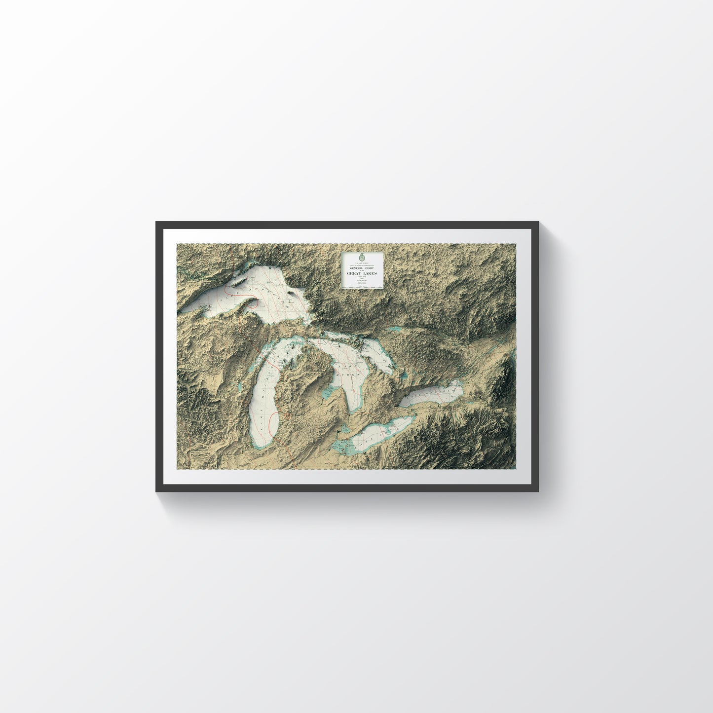 Great Lakes vintage framed shaded relief map in black frame. Artistic print highlighting mountains with a realistic terrain effect