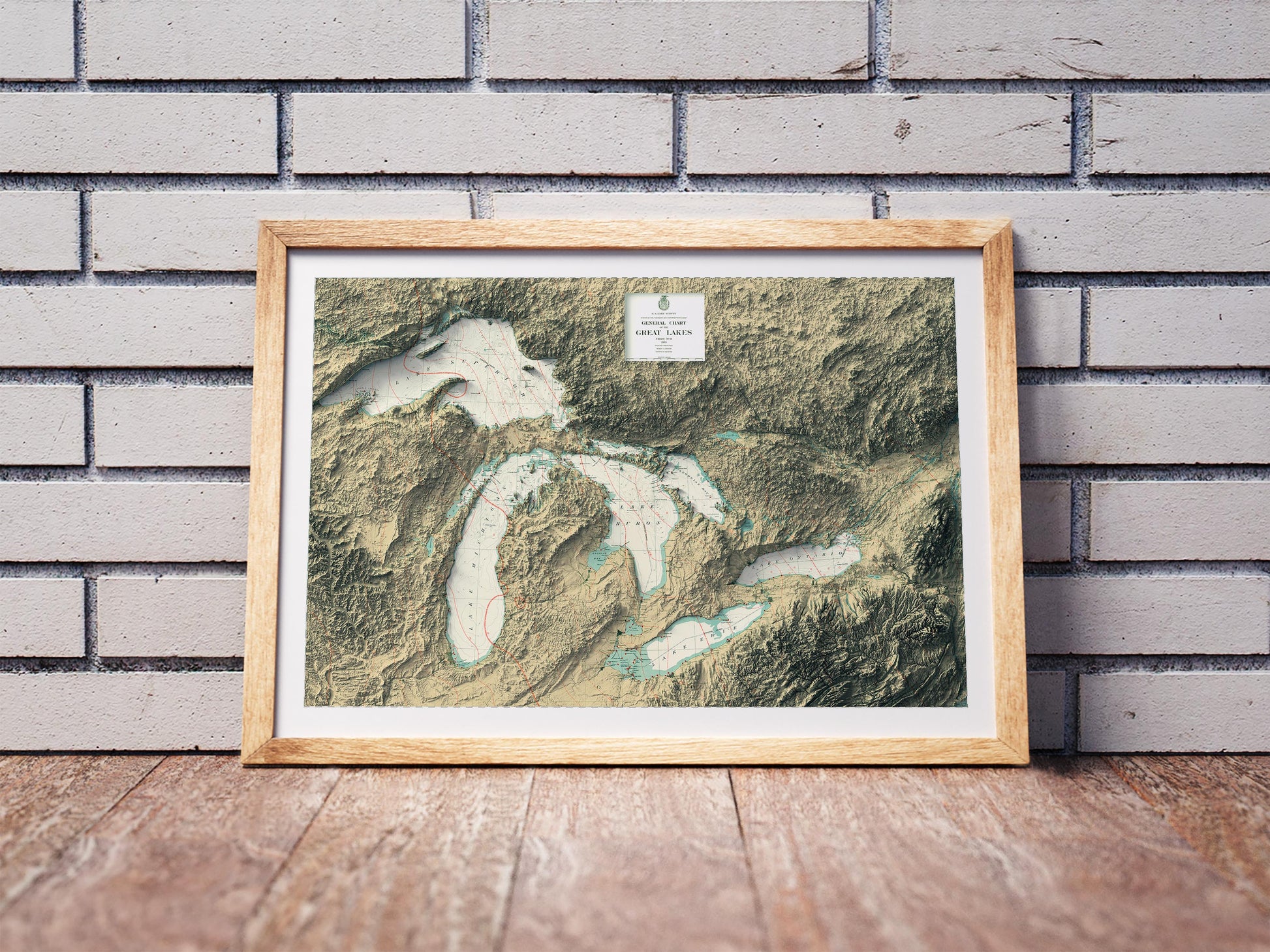 Great Lakes Shaded relief map print, highlighting topography. Ideal for home decor and geography lovers
