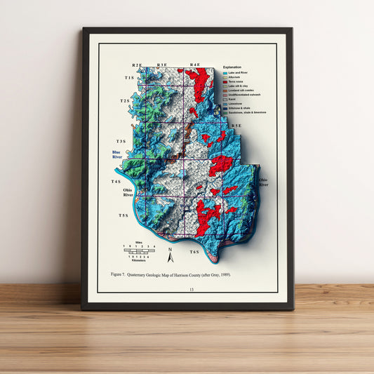 Harrison County (Indiana) vintage framed shaded relief map in black frame. Artistic print highlighting mountains with a realistic terrain effect