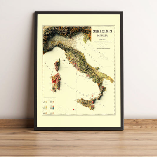 Italy vintage framed shaded relief map in black frame. Artistic print highlighting mountains with a realistic terrain effect