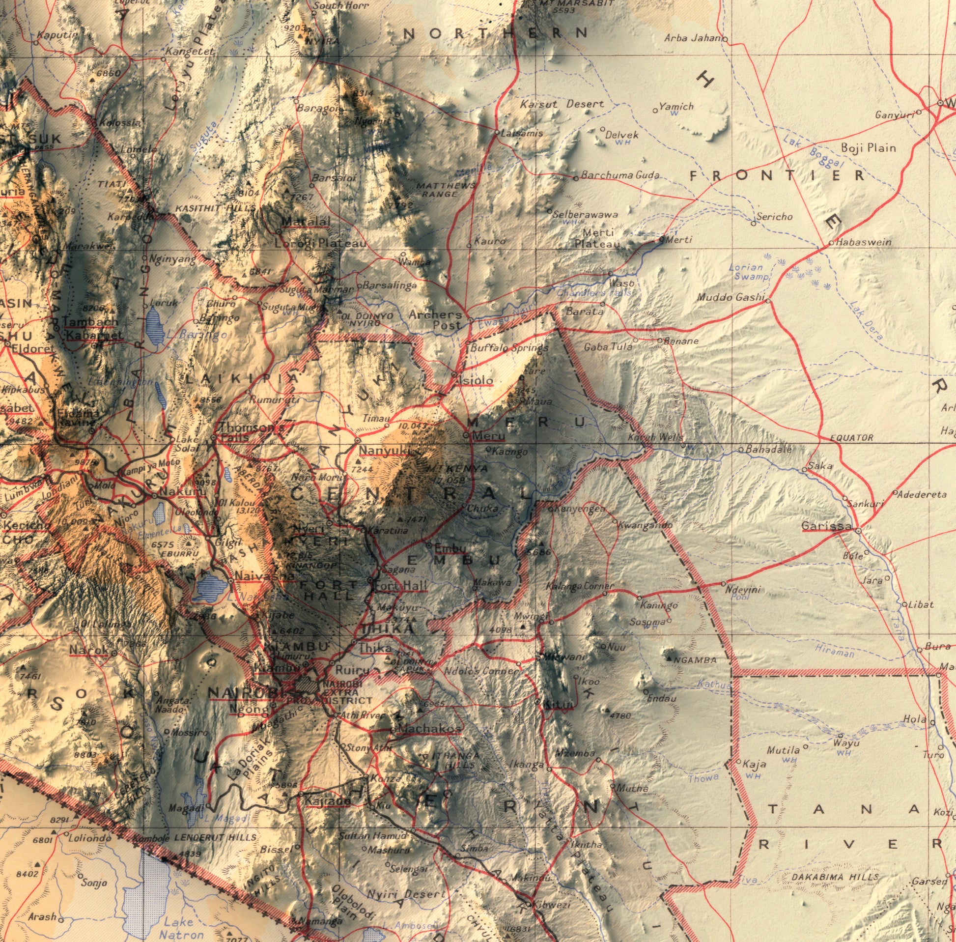 Detailed close-up of a vintage Kenya relief map, showcasing textured topography and geographic contours