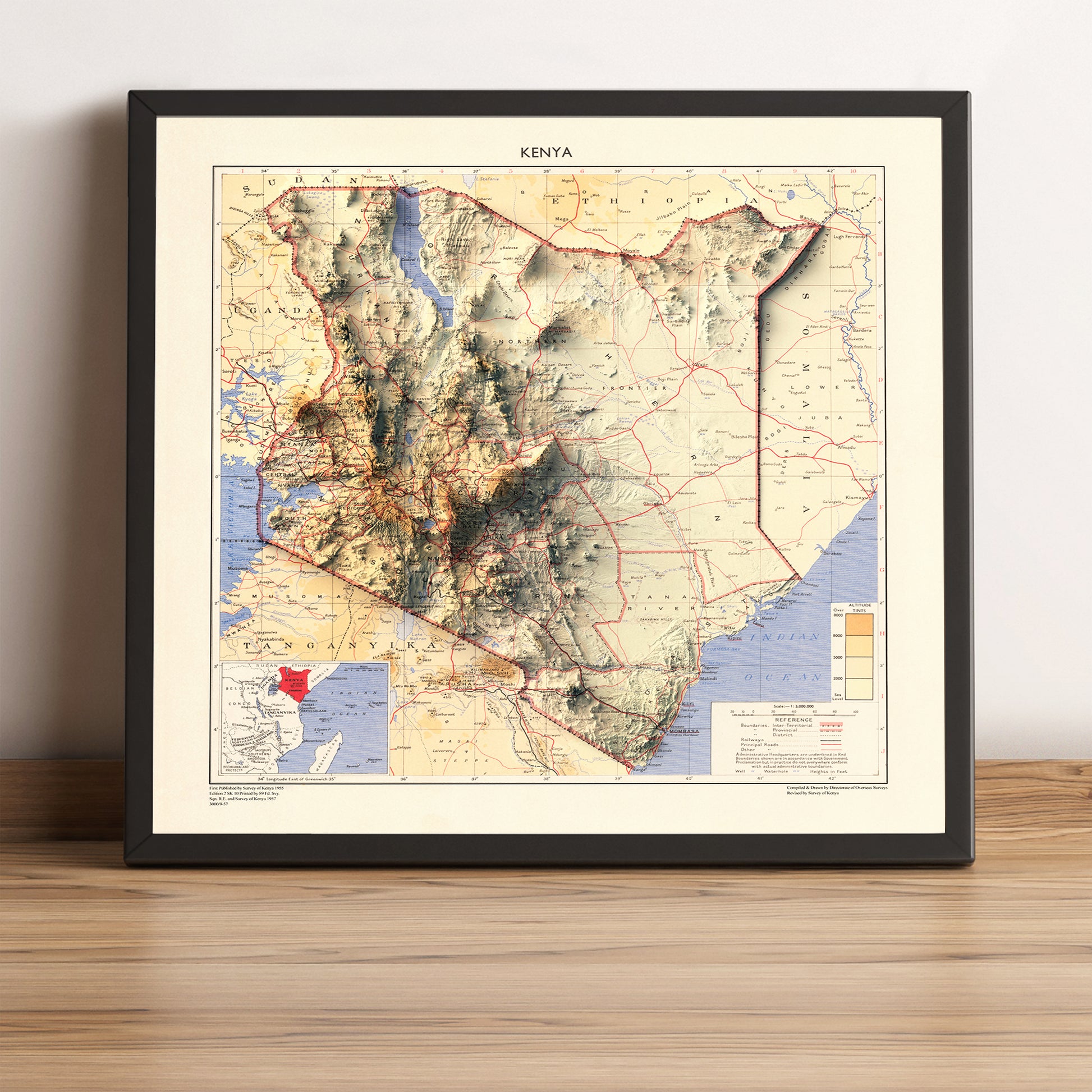 Kenya vintage framed shaded relief map in black frame. Artistic print highlighting mountains with a realistic terrain effect