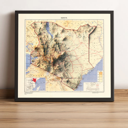 Kenya vintage framed shaded relief map in black frame. Artistic print highlighting mountains with a realistic terrain effect
