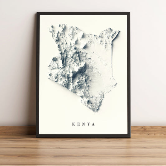 Kenya framed shaded relief map in black frame. Artistic print highlighting mountains with a realistic terrain effect