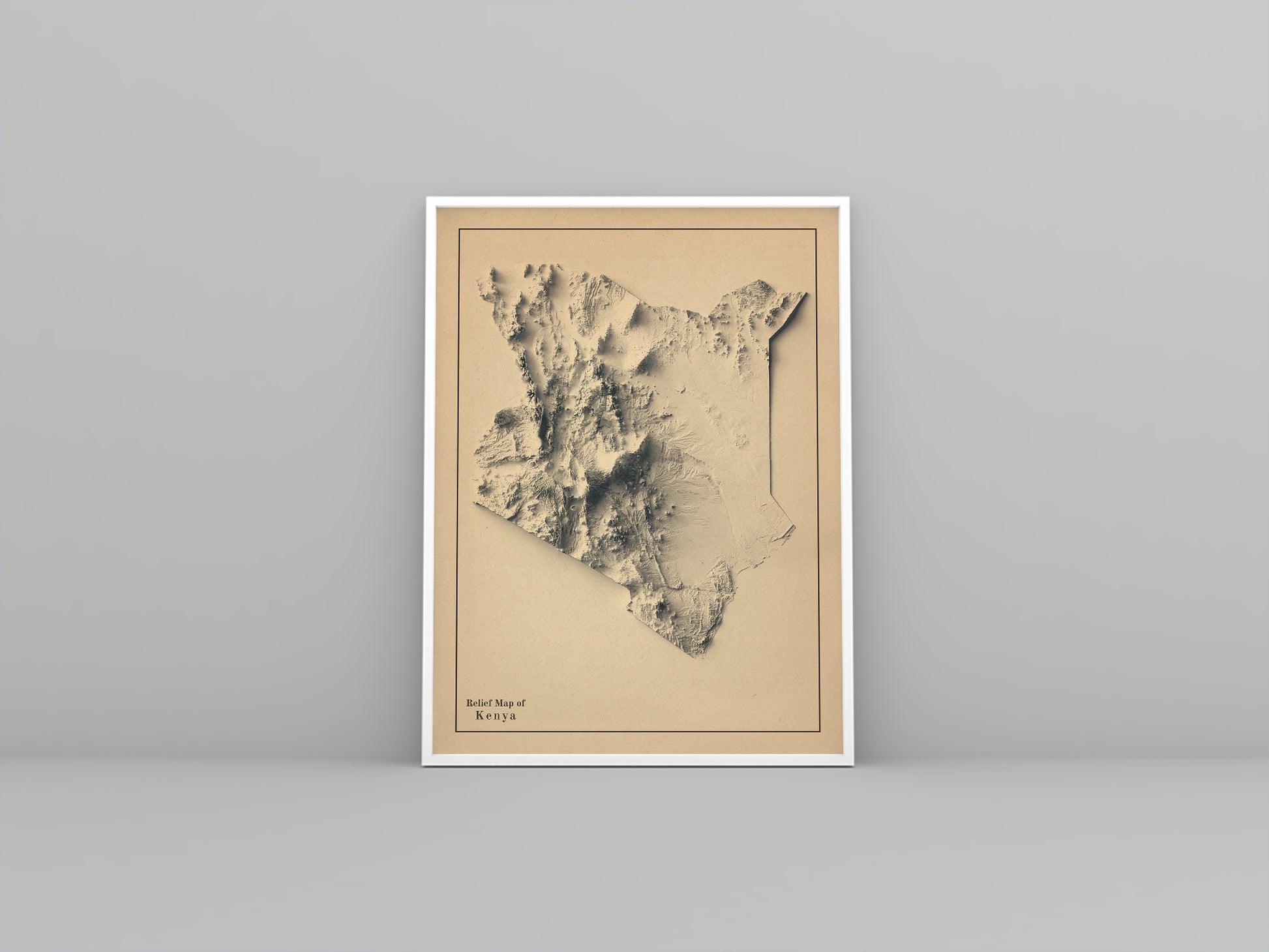 Kenya vintage framed shaded relief map in white frame. Artistic print highlighting mountains with a realistic 3d effect