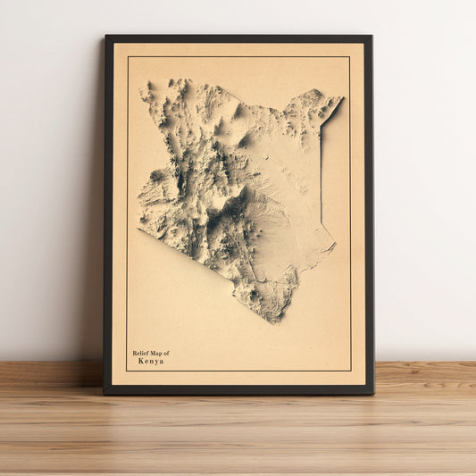 Kenya vintage framed shaded relief map in black frame. Artistic print highlighting mountains with a realistic terrain effect