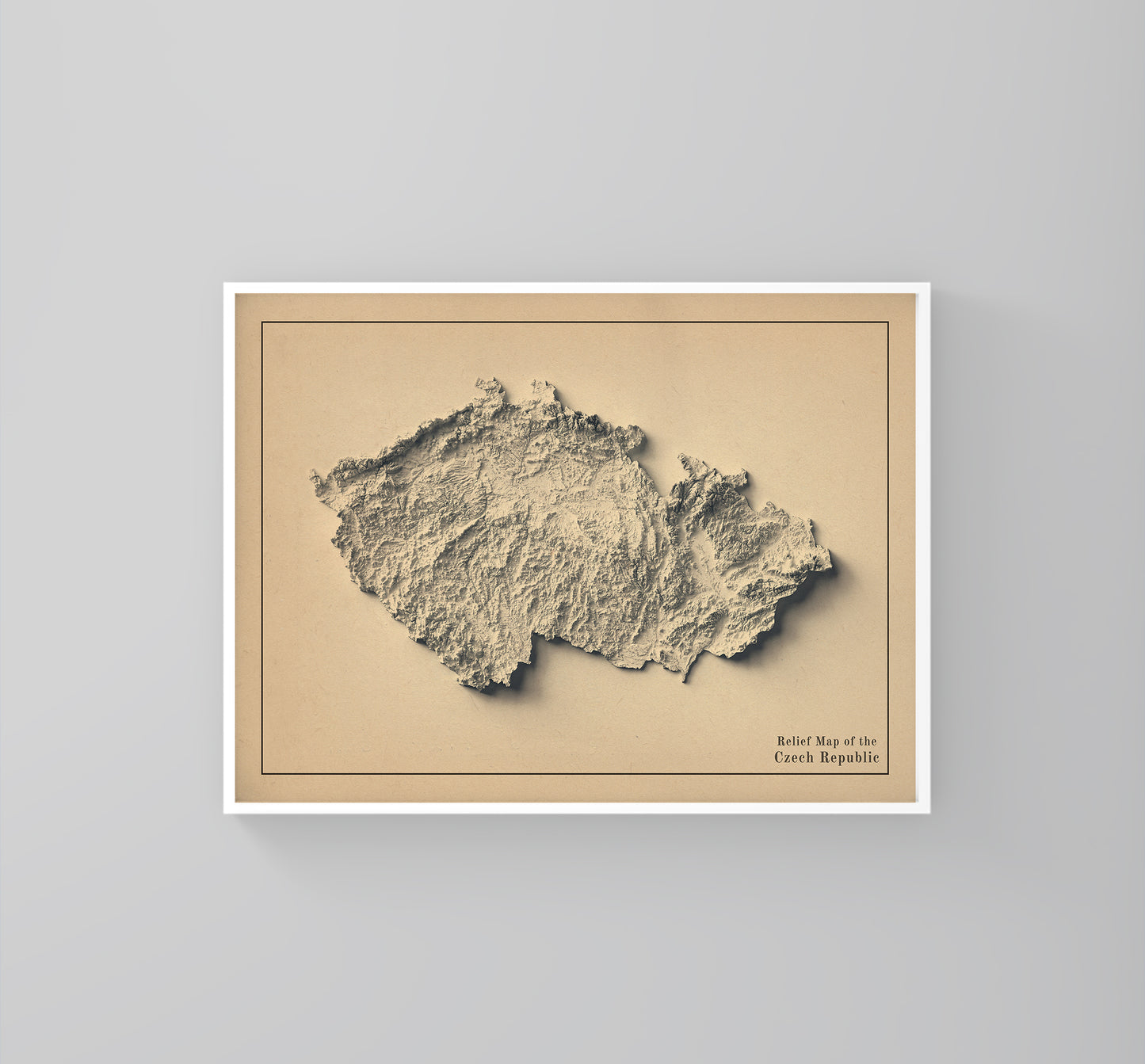 Czech Republic vintage framed shaded relief map in white frame. Artistic print highlighting mountains with a realistic 3d effect
