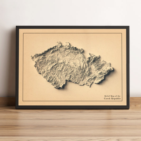 Czech Republic vintage framed shaded relief map in black frame. Artistic print highlighting mountains with a realistic terrain effect