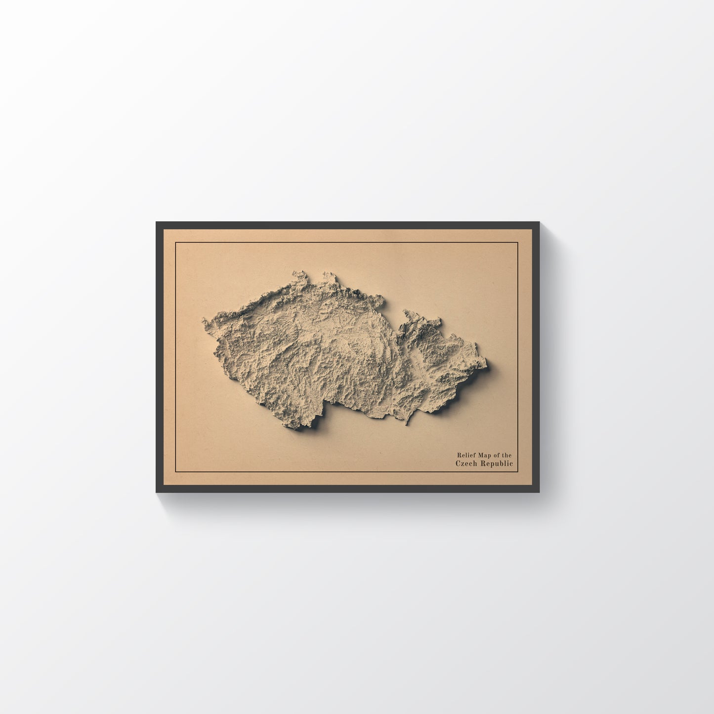 Czech Republic vintage framed shaded relief map in black frame. Artistic print highlighting mountains with a realistic terrain effect