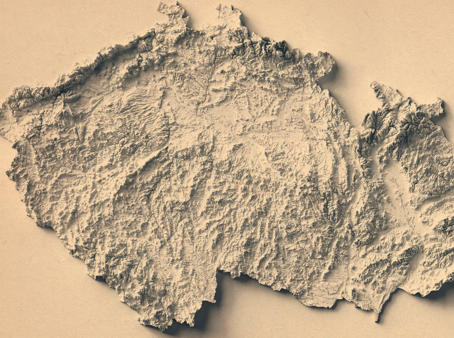 Detailed close-up of a vintage Czech Republic relief map, showcasing textured topography and geographic contours