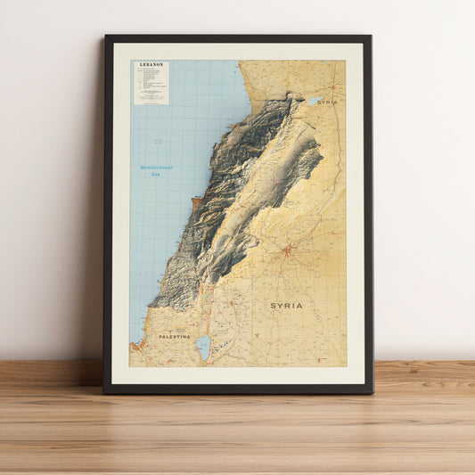 Lebanon vintage framed shaded relief map in black frame. Artistic print highlighting mountains with a realistic terrain effect