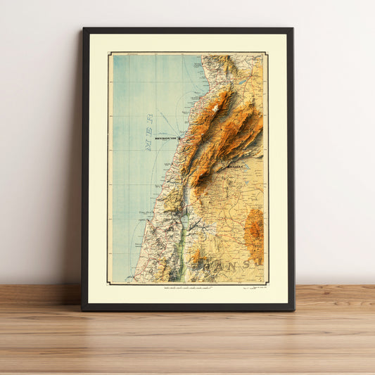 Lebanon vintage framed shaded relief map in black frame. Artistic print highlighting mountains with a realistic terrain effect