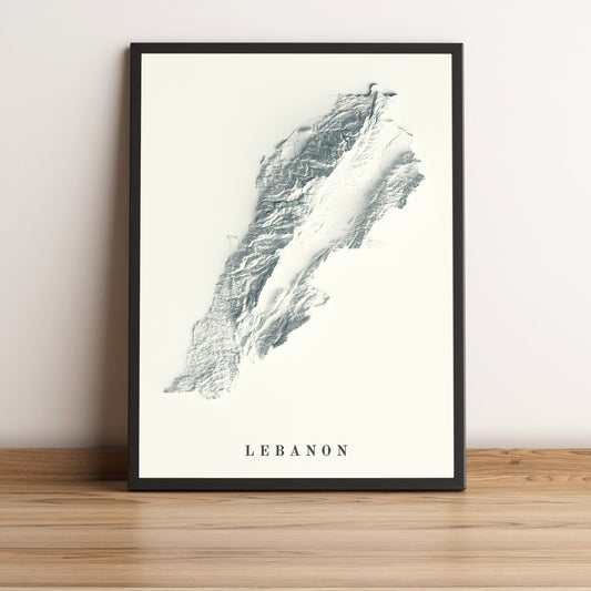 Lebanon framed shaded relief map in black frame. Artistic print highlighting mountains with a realistic terrain effect