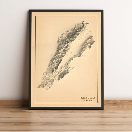 Lebanon vintage framed shaded relief map in black frame. Artistic print highlighting mountains with a realistic terrain effect