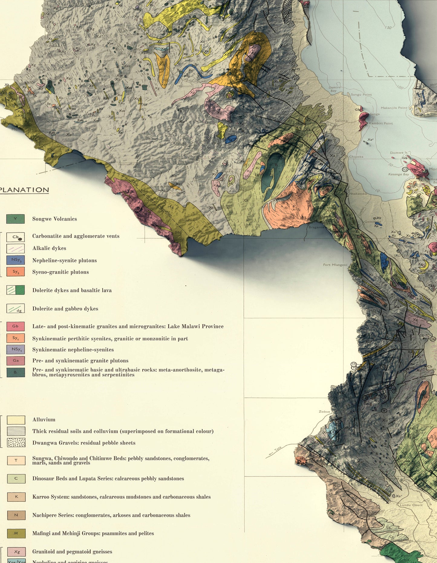 Detailed close-up of a vintage Malawi relief map, showcasing textured topography and geographic contours
