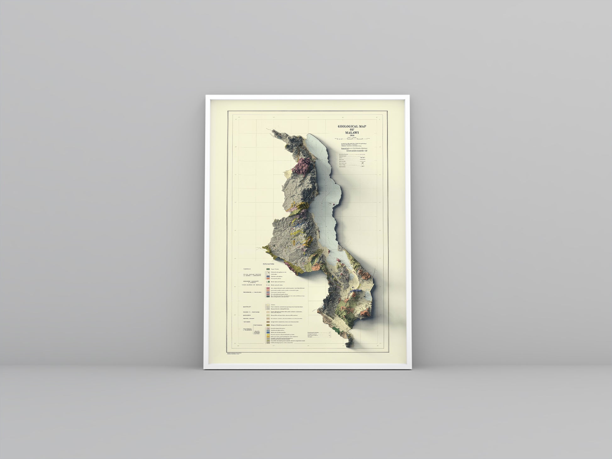 Malawi vintage framed shaded relief map in white frame. Artistic print highlighting mountains with a realistic 3d effect