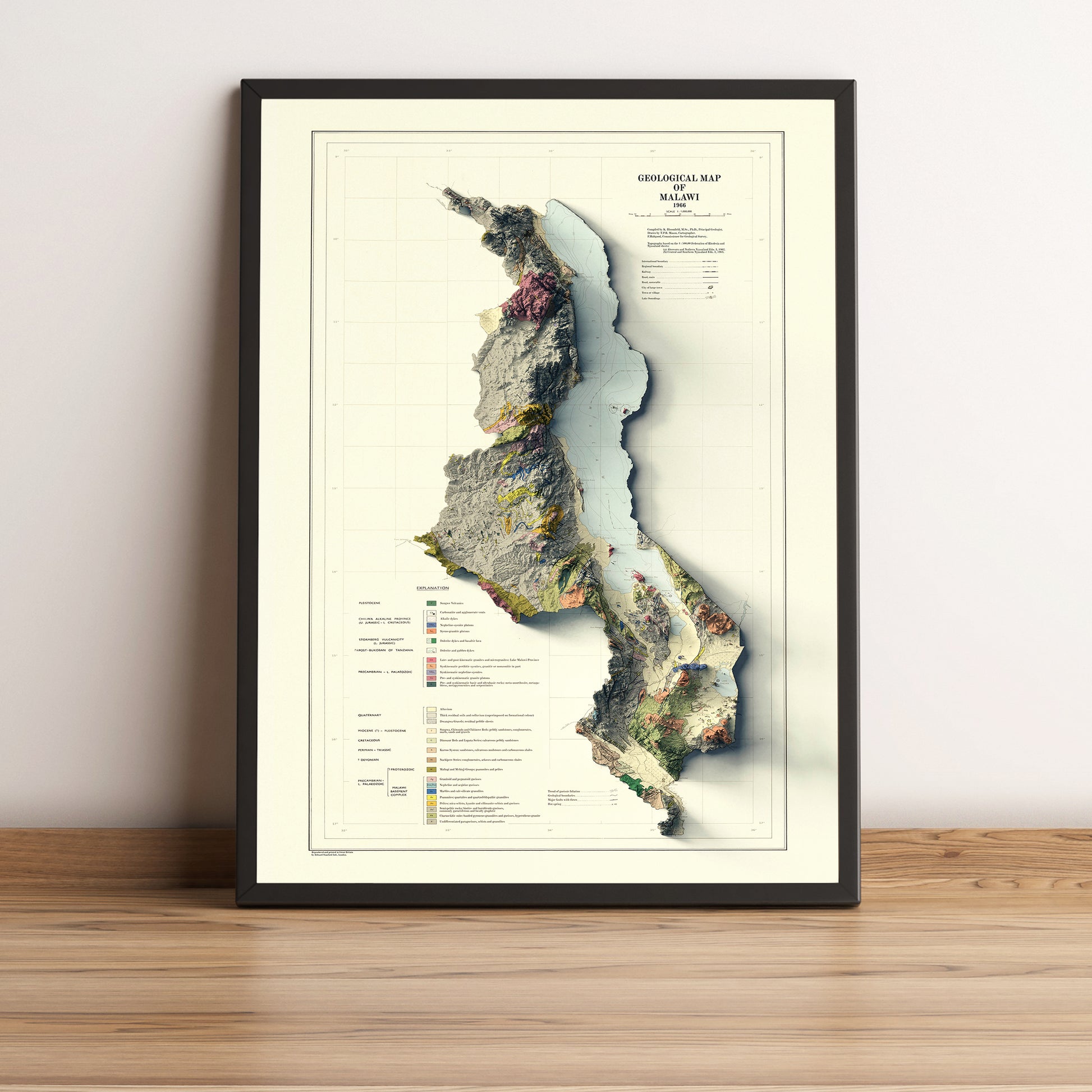 Malawi framed shaded relief map in black frame. Artistic print highlighting mountains with a realistic terrain effect