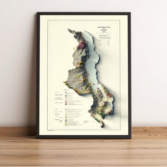 Malawi framed shaded relief map in black frame. Artistic print highlighting mountains with a realistic terrain effect