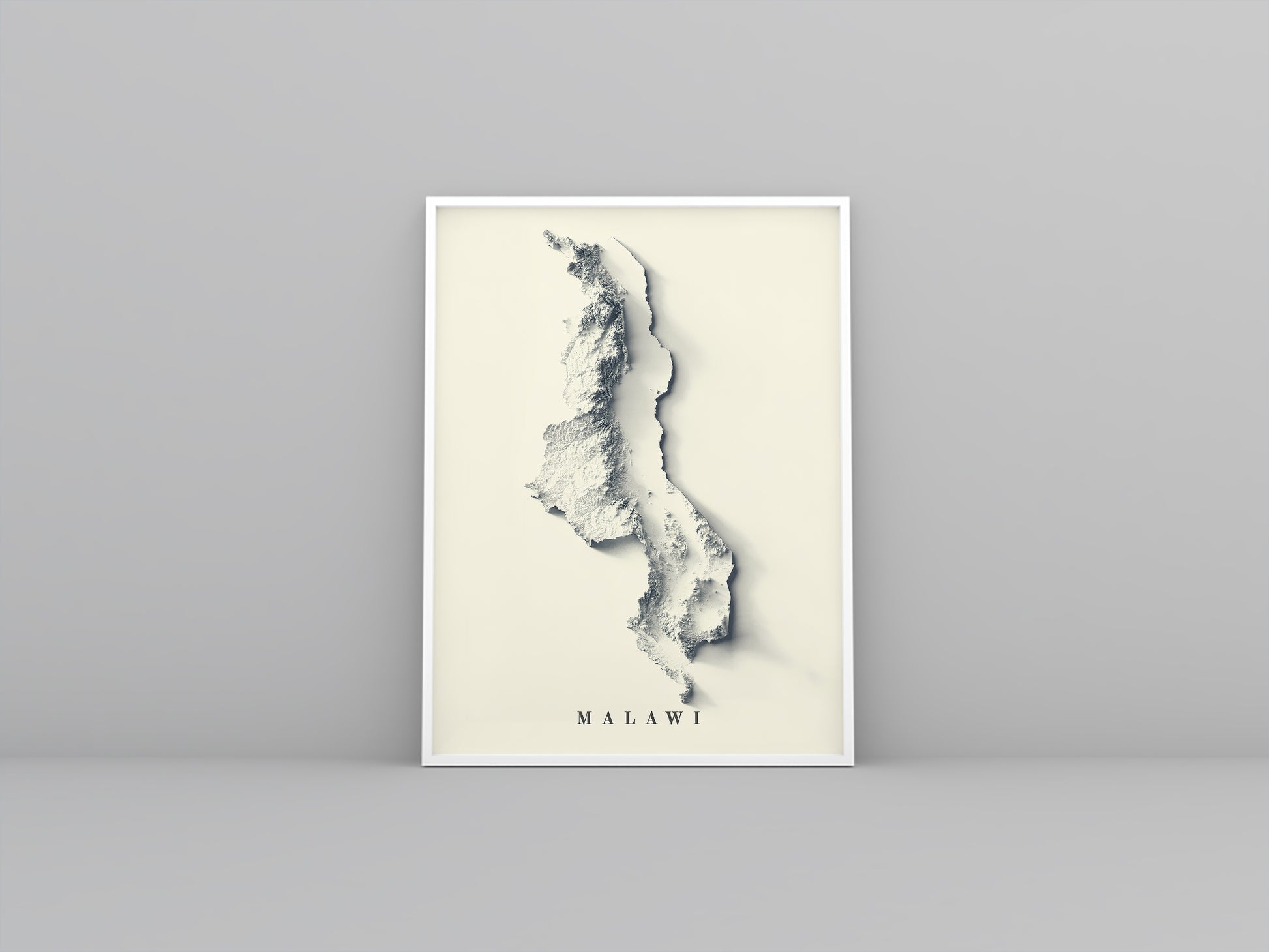Malawi framed shaded relief map in white frame. Artistic print highlighting mountains with a realistic 3d effect