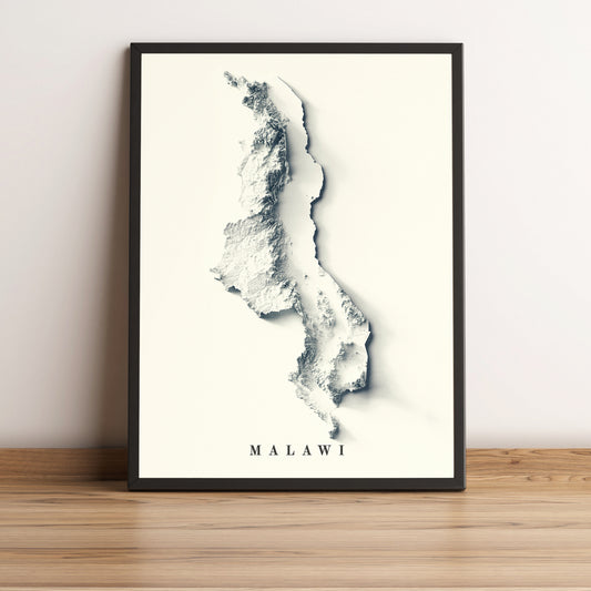 Malawi framed shaded relief map in black frame. Artistic print highlighting mountains with a realistic terrain effect
