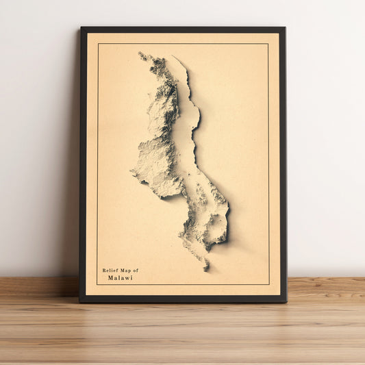 Malawi framed shaded relief map in black frame. Artistic print highlighting mountains with a realistic terrain effect