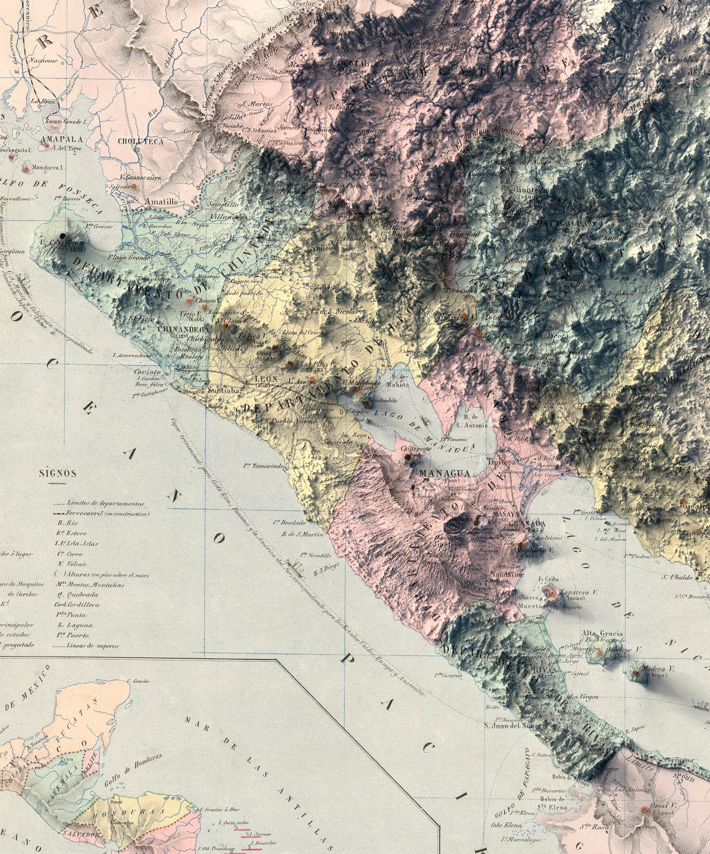 vintage shaded relief map of Nicaragua