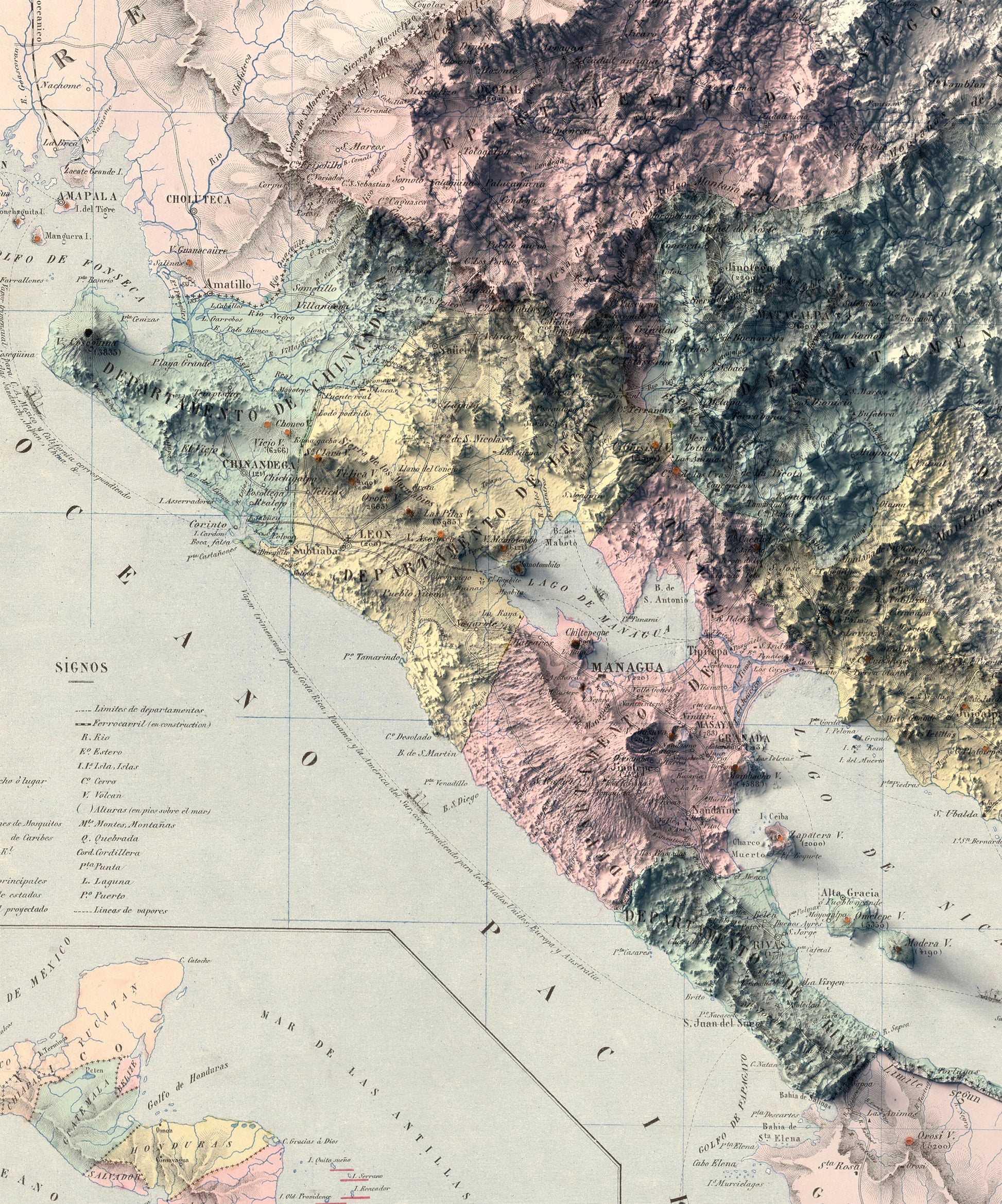 Detailed close-up of a vintage Nicaragua relief map, showcasing textured topography and geographic contours