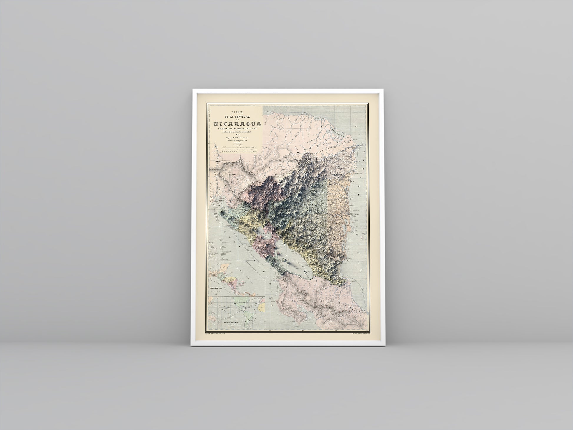 Nicaragua vintage framed shaded relief map in white frame. Artistic print highlighting mountains with a realistic 3d effect