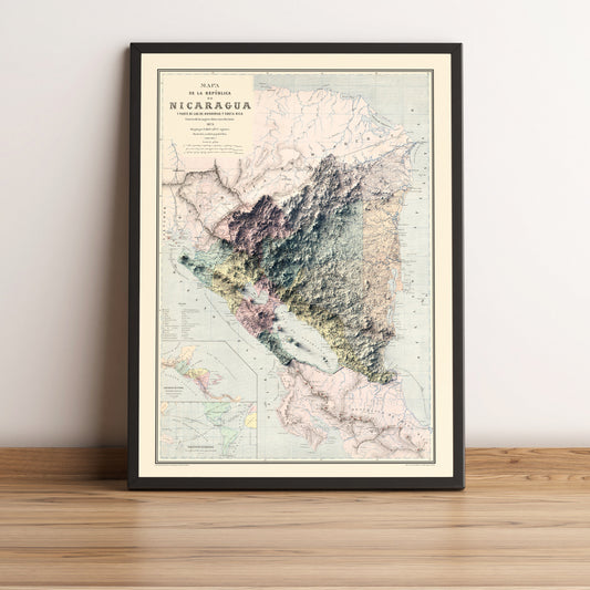 Nicaragua vintage framed shaded relief map in black frame. Artistic print highlighting mountains with a realistic terrain effect