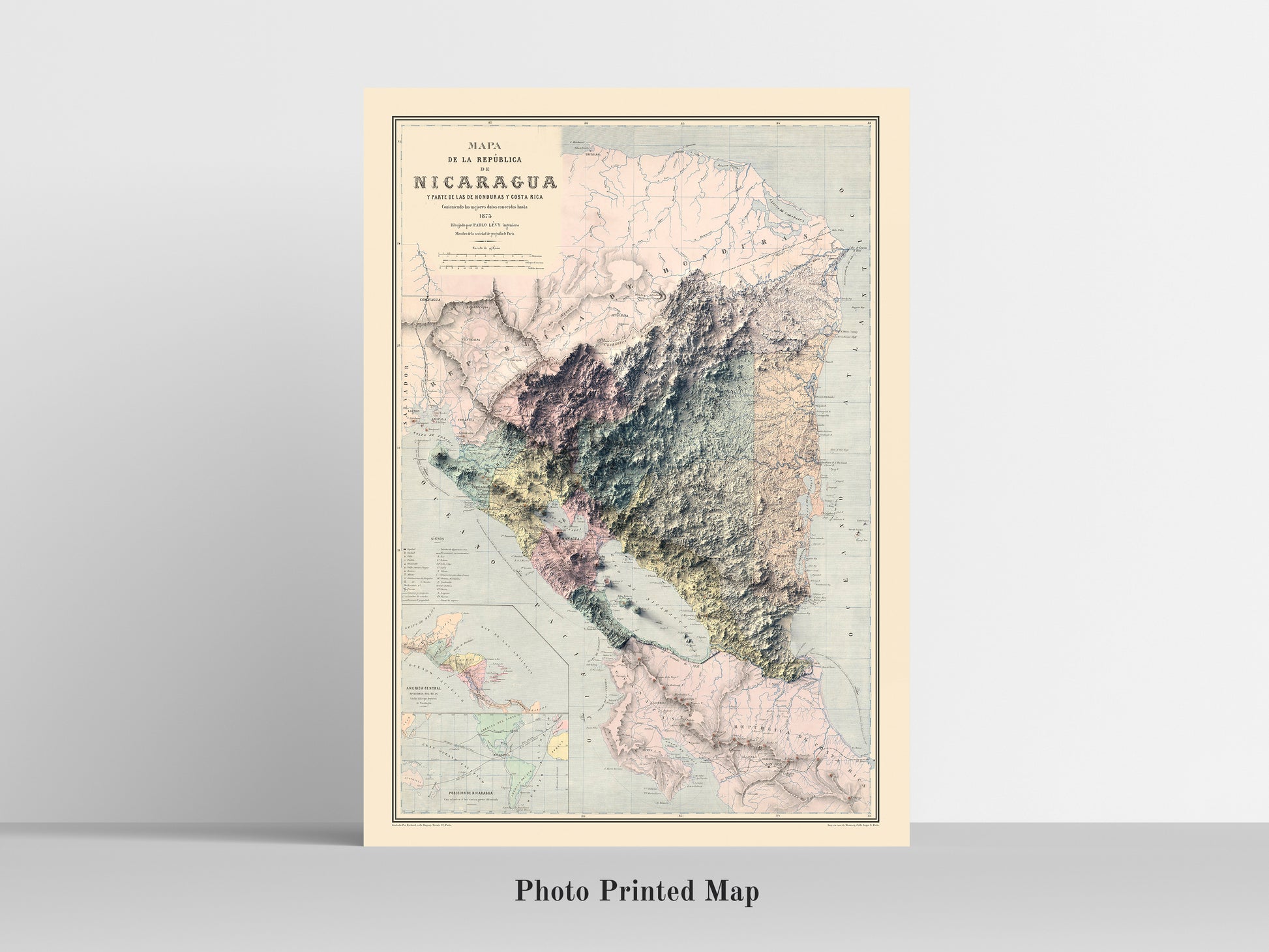 Nicaragua Shaded relief map print, highlighting topography. Ideal for home decor and geography lovers