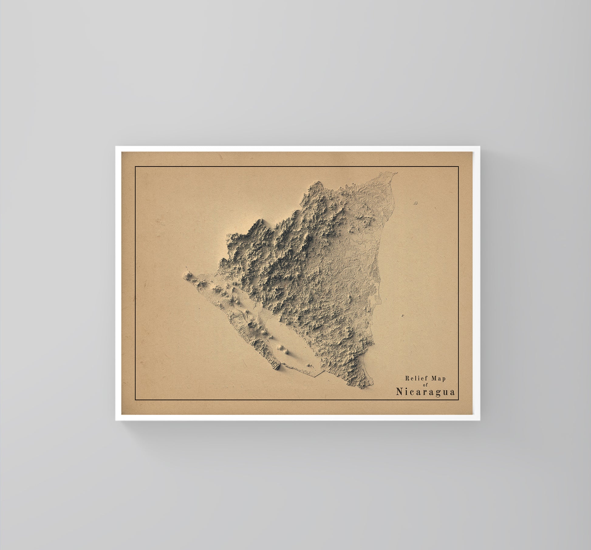 Nicaragua vintage framed shaded relief map in white frame. Artistic print highlighting mountains with a realistic 3d effect