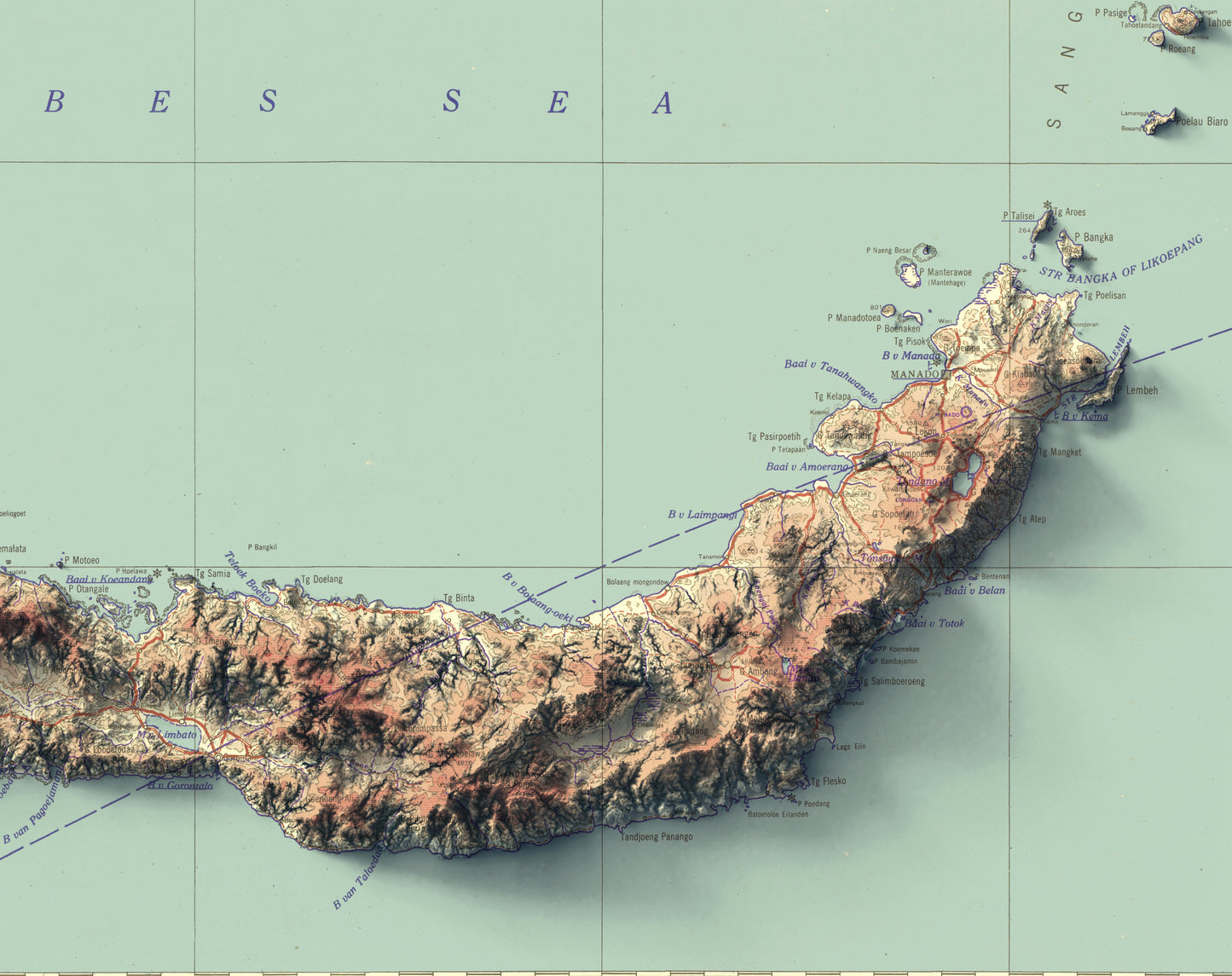 Detailed close-up of a North Sulawesi, Celebes, Indonesia relief map, showcasing textured topography and geographic contours