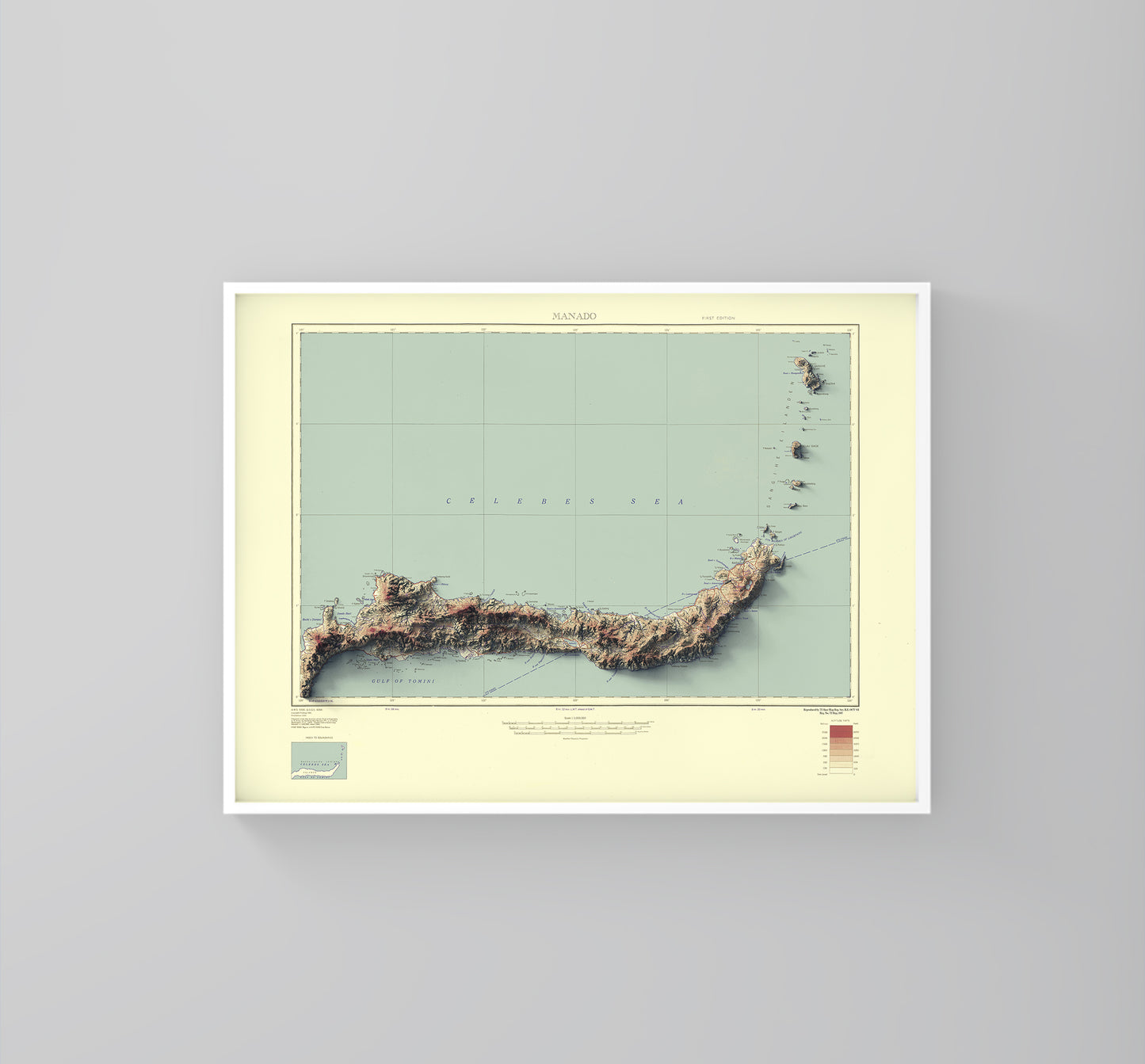 North Sulawesi, Celebes, Indonesia framed shaded relief map in white frame. Artistic print highlighting mountains with a realistic 3d effect