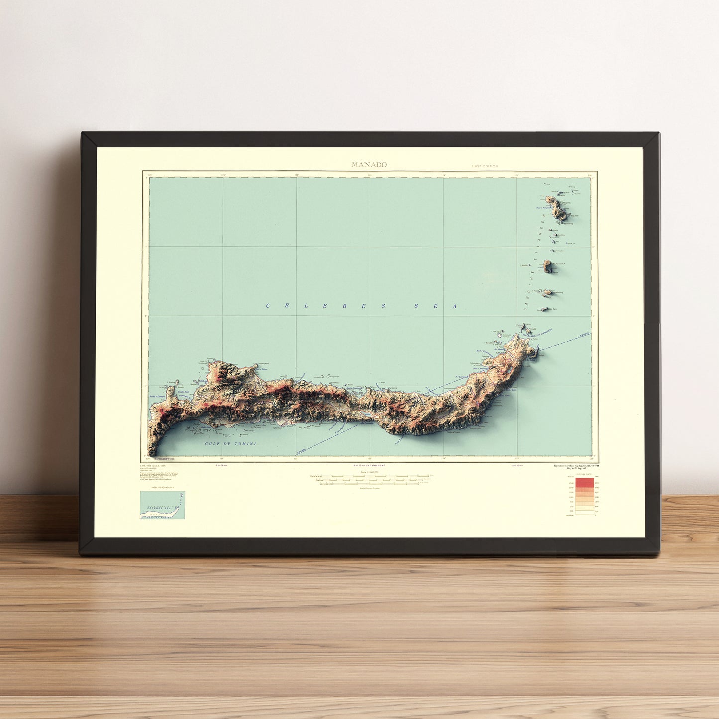North Sulawesi, Celebes, Indonesia framed shaded relief map in black frame. Artistic print highlighting mountains with a realistic terrain effect