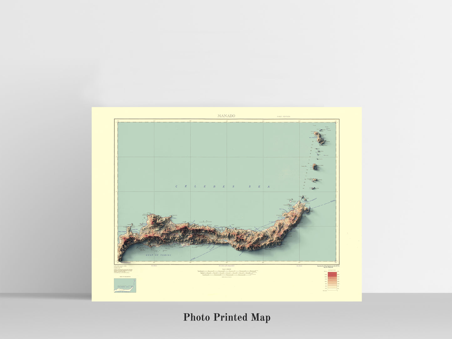 North Sulawesi, Celebes, Indonesia Shaded relief map print, highlighting topography. Ideal for home decor and geography lovers