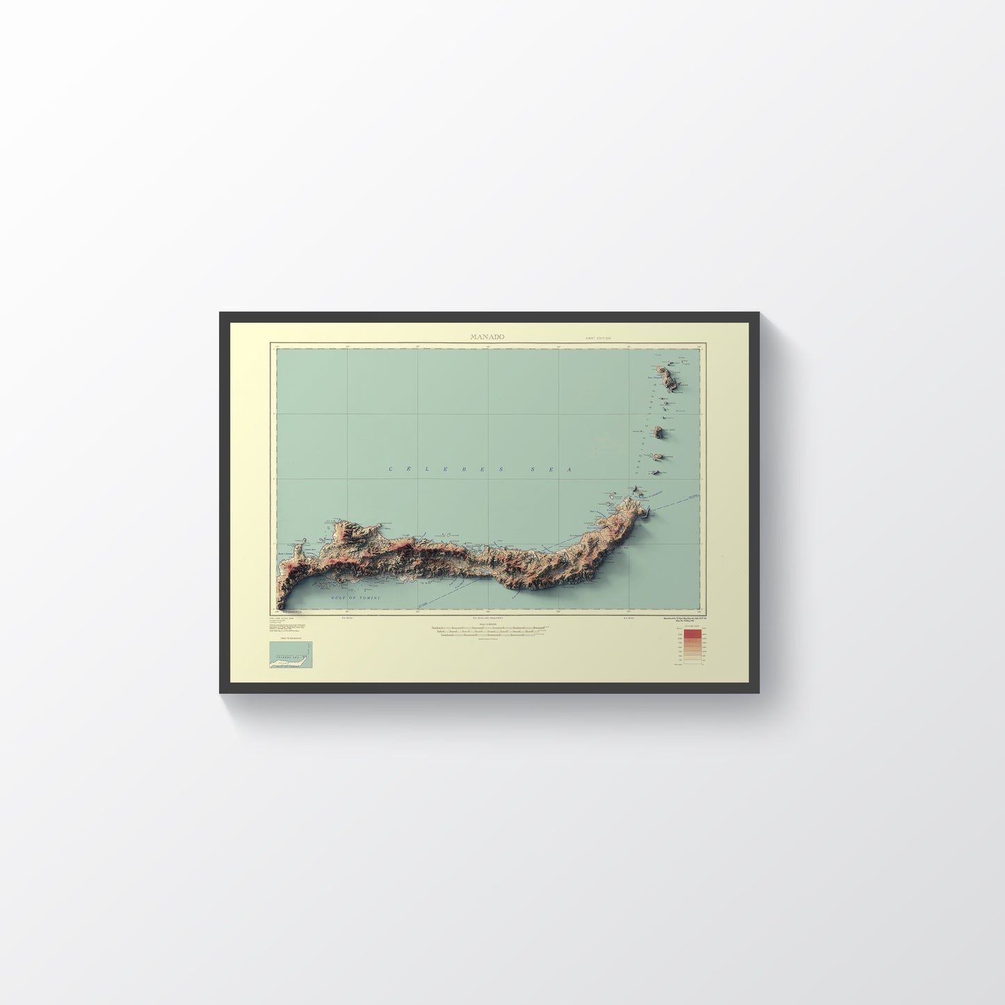 North Sulawesi, Celebes, Indonesia framed shaded relief map in black frame. Artistic print highlighting mountains with a realistic terrain effect