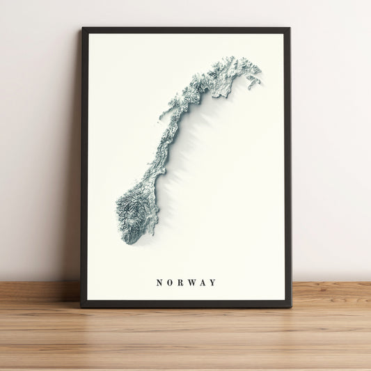 Norway framed shaded relief map in black frame. Artistic print highlighting mountains with a realistic terrain effect