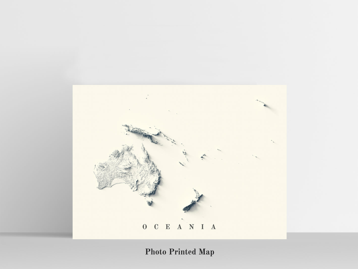 Oceania Shaded relief map print, highlighting topography. Ideal for home decor and geography lovers