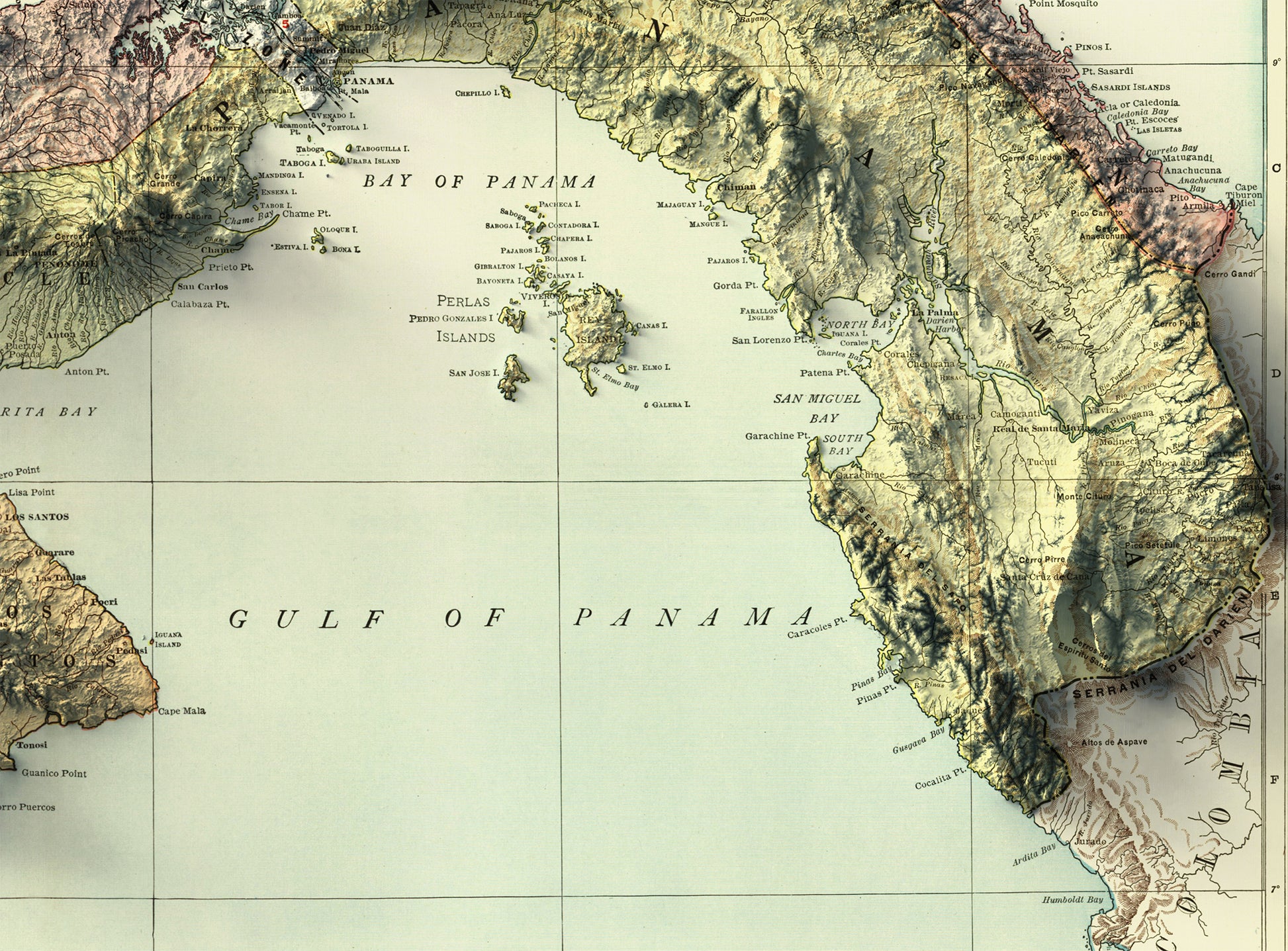 Detailed close-up of a vintage Panama relief map, showcasing textured topography and geographic contours
