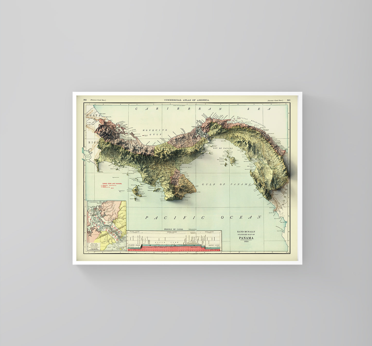 Panama vintage framed shaded relief map in white frame. Artistic print highlighting mountains with a realistic 3d effect