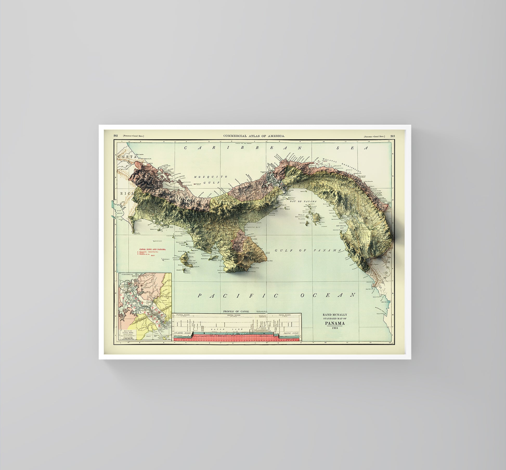 Panama vintage framed shaded relief map in white frame. Artistic print highlighting mountains with a realistic 3d effect