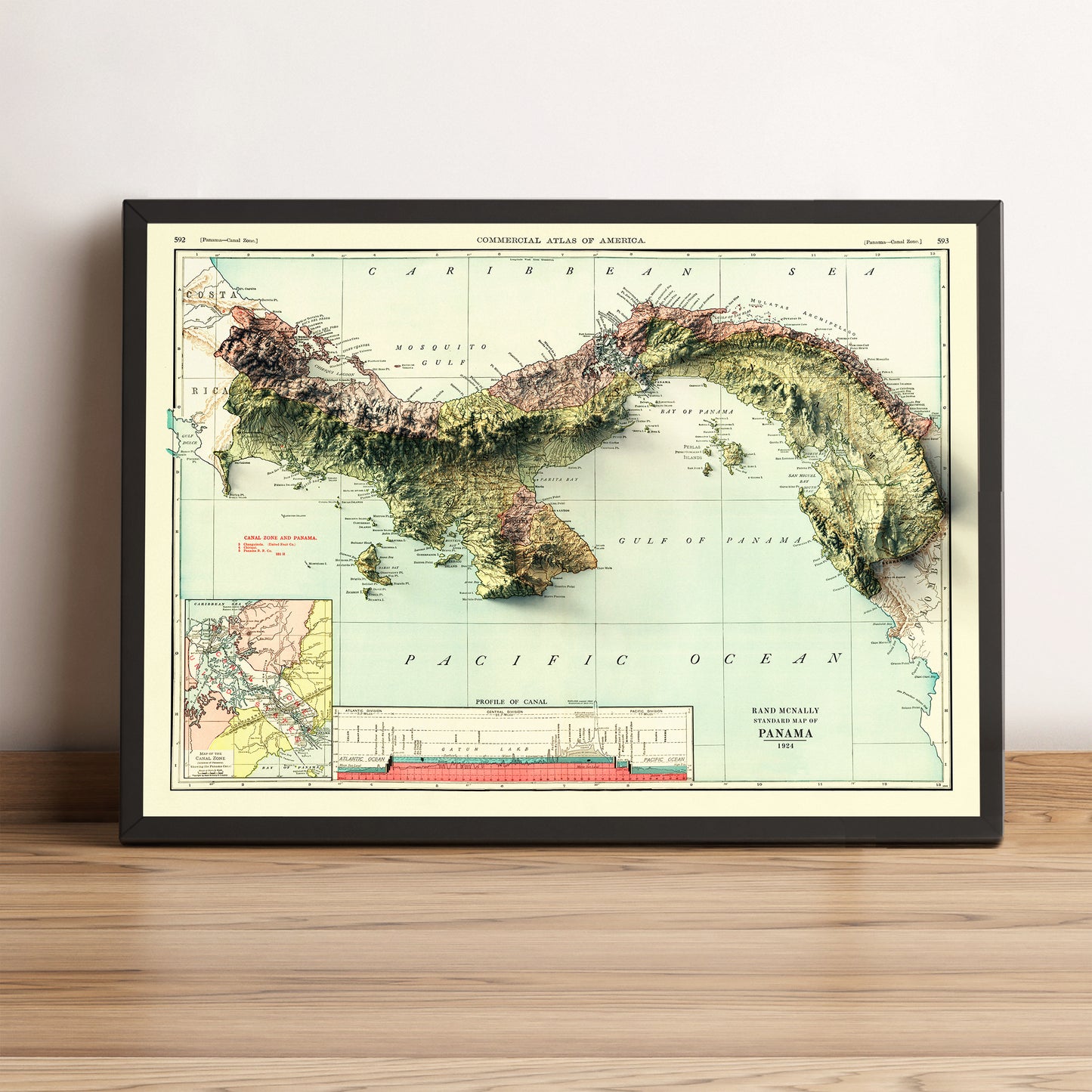 Panama vintage framed shaded relief map in black frame. Artistic print highlighting mountains with a realistic terrain effect