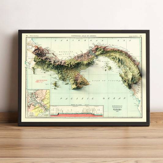 Panama vintage framed shaded relief map in black frame. Artistic print highlighting mountains with a realistic terrain effect