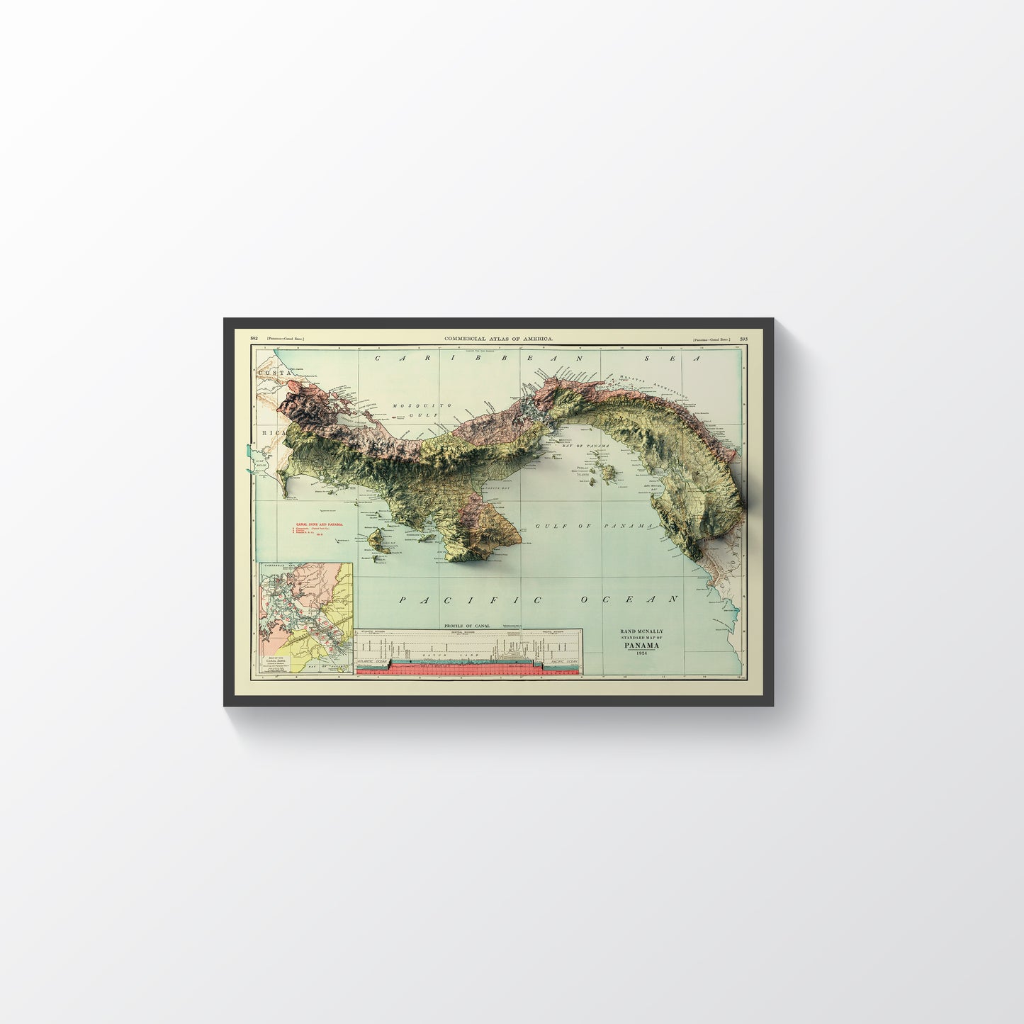 Panama vintage framed shaded relief map in black frame. Artistic print highlighting mountains with a realistic terrain effect