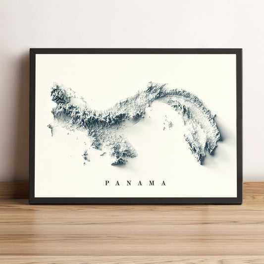 Panama framed shaded relief map in black frame. Artistic print highlighting mountains with a realistic terrain effect