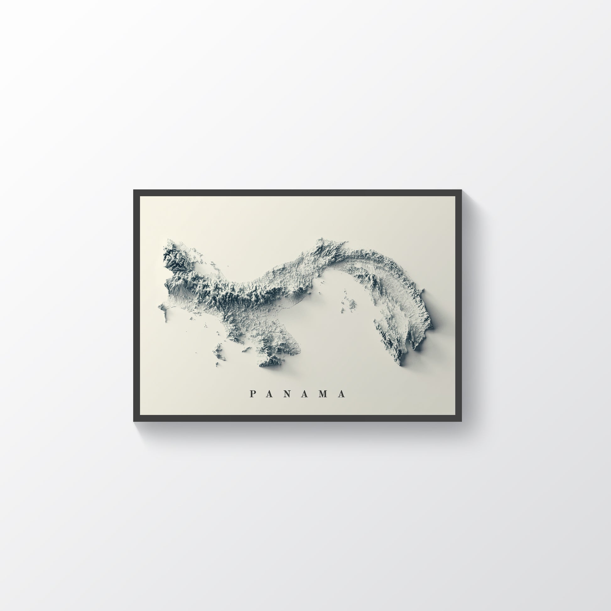 Panama framed shaded relief map in black frame. Artistic print highlighting mountains with a realistic terrain effect